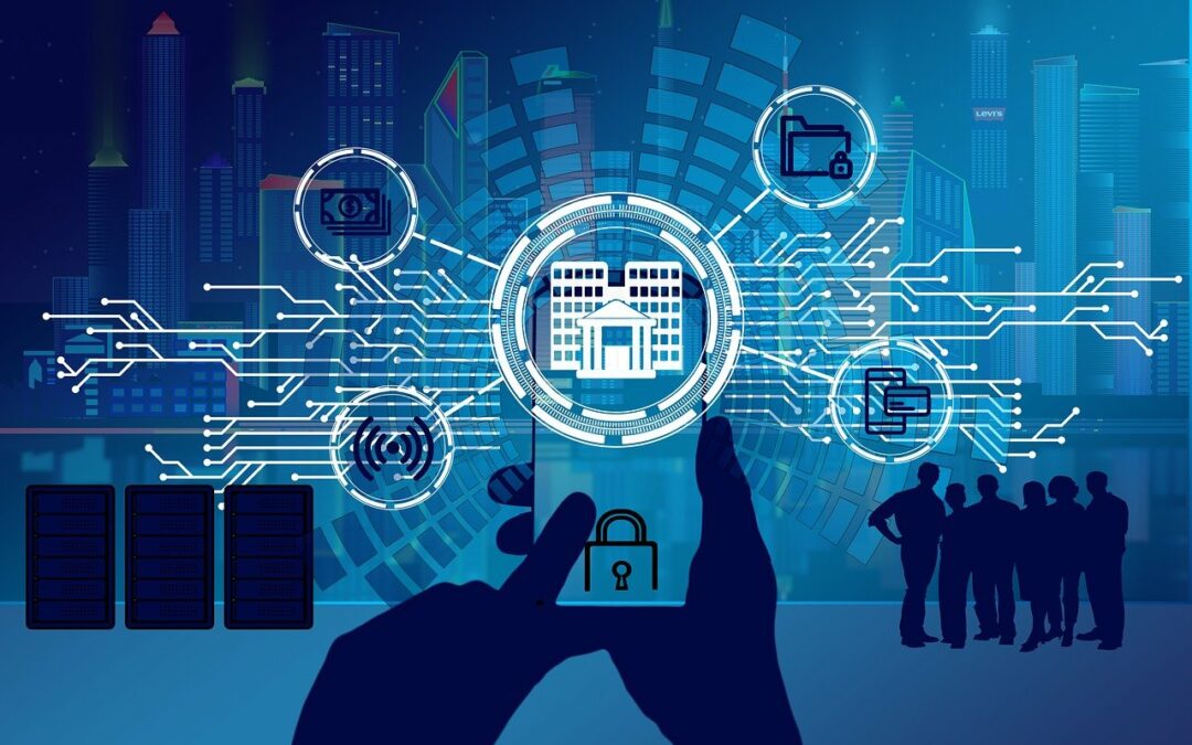 Abstract digital interface with futuristic icons representing online banking technology and secure digital tools used by West Texas credit union members.
